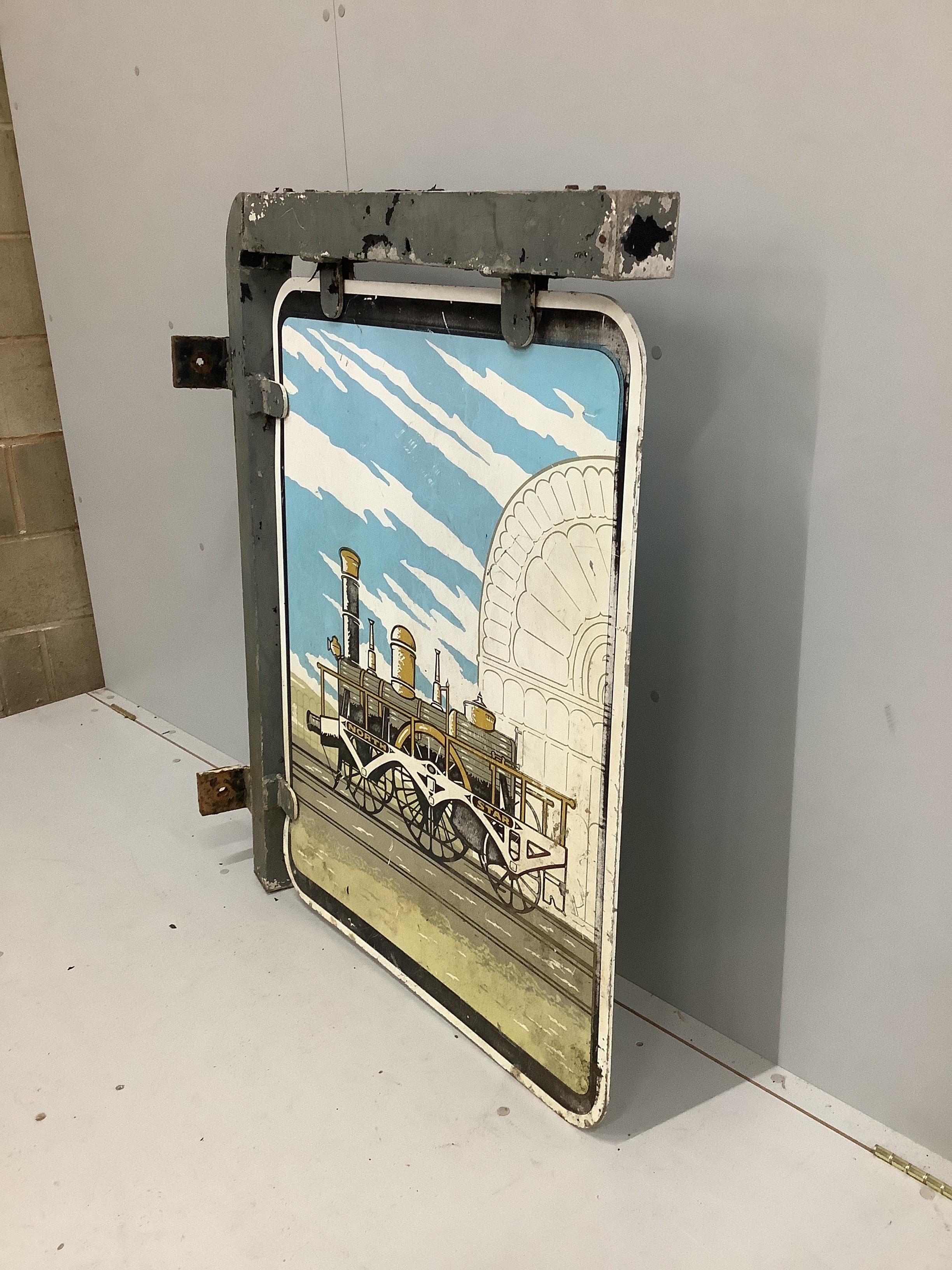An enamelled North Star double sided pub sign, width with bracket 94cm, height 111cm